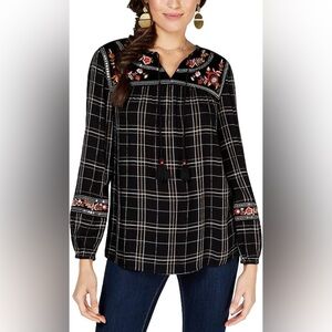 Style & Co. Embroidered Plaid Peasant Top Large Black Floral Tassels Velvet Boho